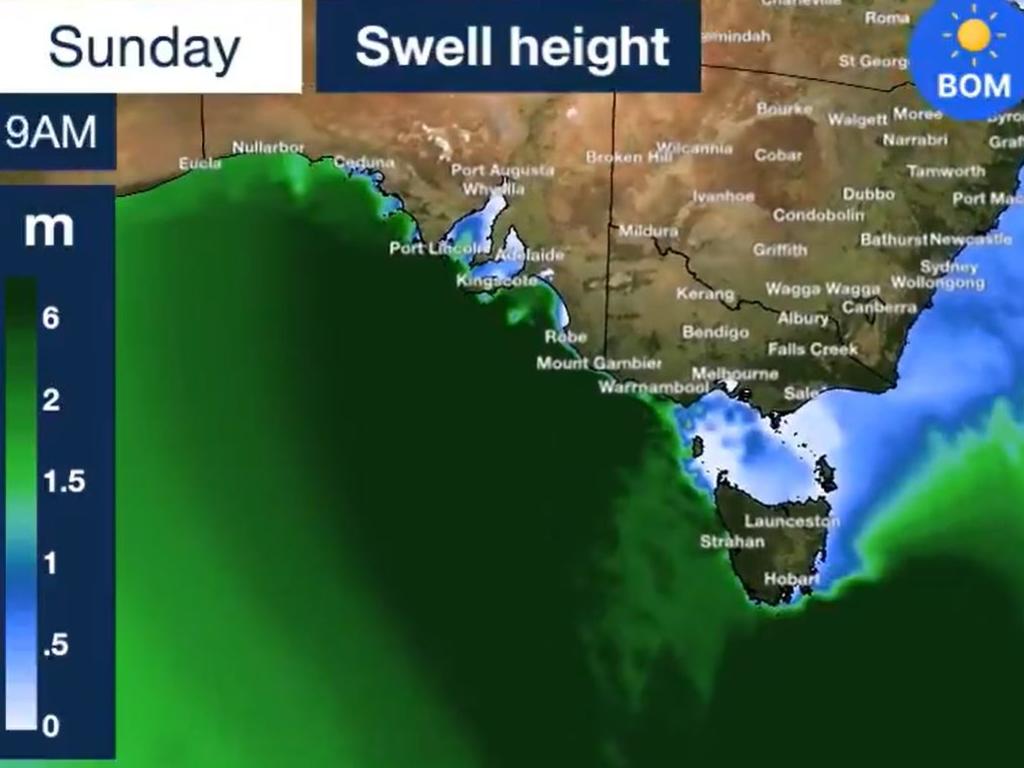 Huge swells, potentially up to 10 meters high, could smash the southern coast. Picture: BOM.