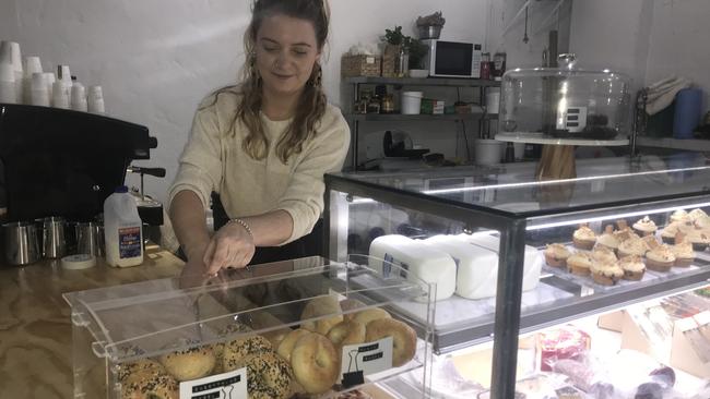 Jessi Smith serves up some freshly made bagels from Doughboy Deli in Lismore CBD.