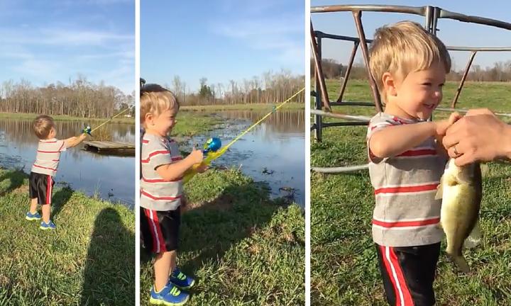 Little boy accidentally catches a fish on his toy rod and wins the