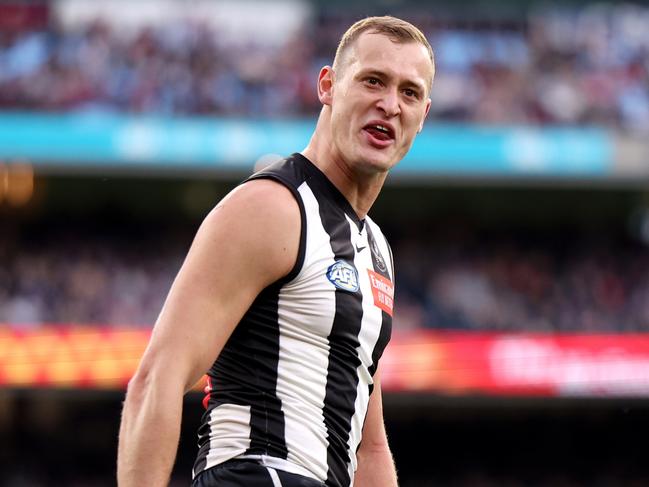 MELBOURNE, AUSTRALIA - JUNE 10: Nathan Kreuger of the Magpies celebrates a goal during the round 13 AFL match between Collingwood Magpies and Melbourne Demons at Melbourne Cricket Ground, on June 10, 2024, in Melbourne, Australia. (Photo by Jonathan DiMaggio/Getty Images)