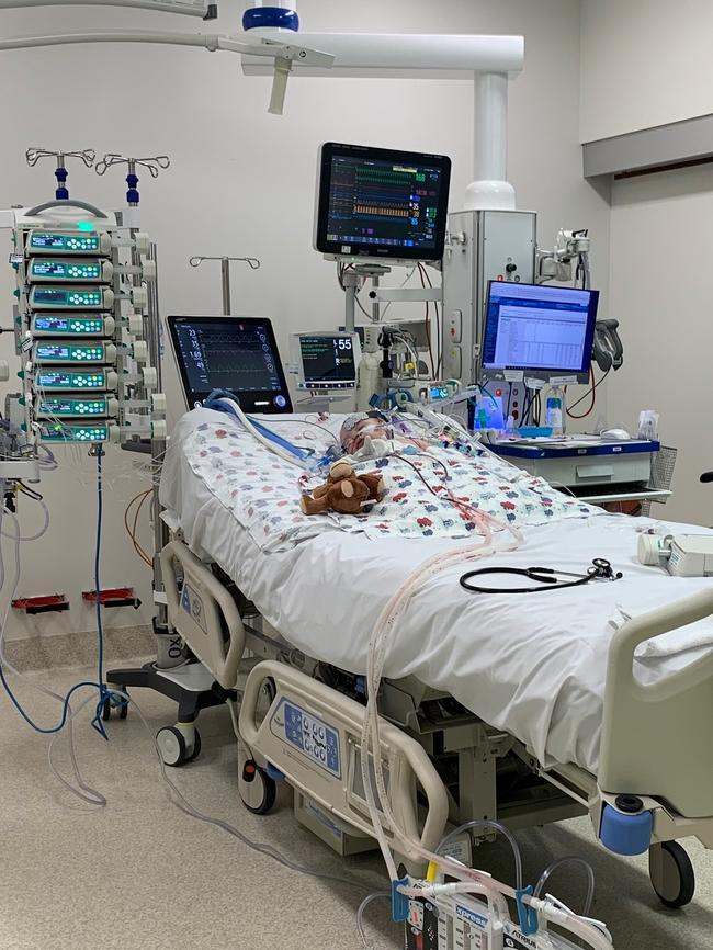 Levi O'Neill has undergone numerous surgeries since he was born, in his short life he has already had three surgeries. Levi pictured in a hospital bed in September 2021. Picture: Supplied.