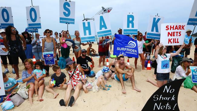 People protesting on Manly beach in 2016 against the use of shark nets along the NSW coast. Picture: Britta Campion/The Australian