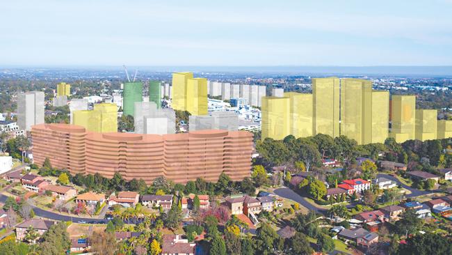 What Castle Hill could look like in 2037 under current zoning plans, planning proposals and development applications. Base aerial image provided by <a href="http://www.cinemairap.com.au">cinemairap.com.au</a>