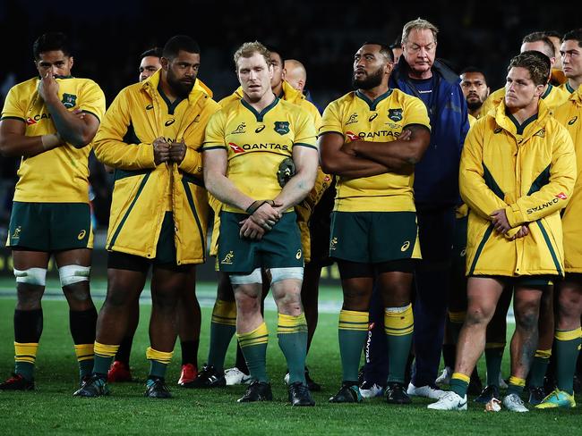 Dejected Wallabies players look on after losing the second Bledisloe Cup Test. Picture: Getty