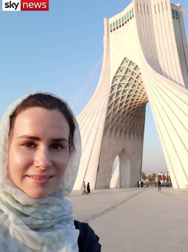 Kylie Moore-Gilbert before her arrest, at a shrine in Iran. Picture supplied from Sky News world exclusive: Escape From Iran.