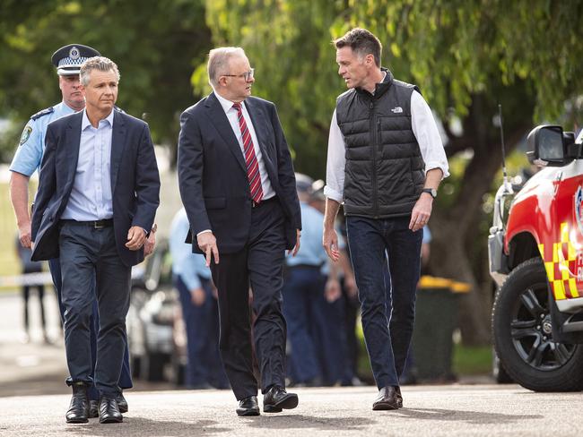 Kingsford Smith MP Matt Thistlethwaite, Prime Minister Anthony Albanese and NSW Premier Chris Minns at the crime scene on Tuesday morning. Picture: Julian Andrews