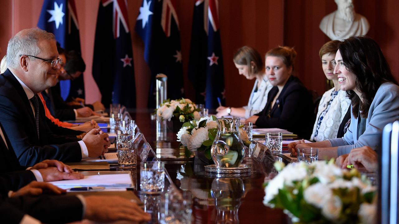 The two PMs chat across the table during their Sydney meeting. Picture: Bianca De Marchi/AAP