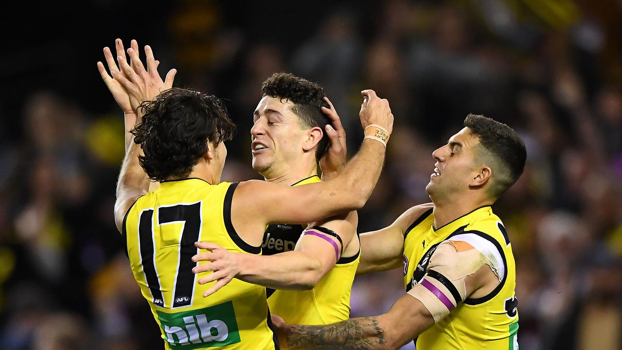 Jason Castagna celebrates a goal against St Kilda on Sunday.