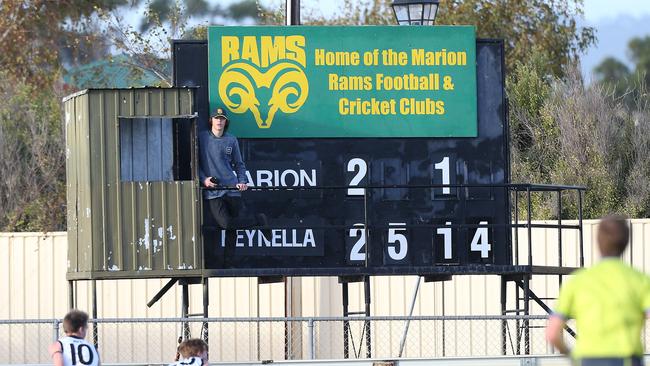 The scoreboard just before three-quarter time siren of Marion’s Southern Football League home game against Reynella on Saturday. Picture: Stephen Laffer,