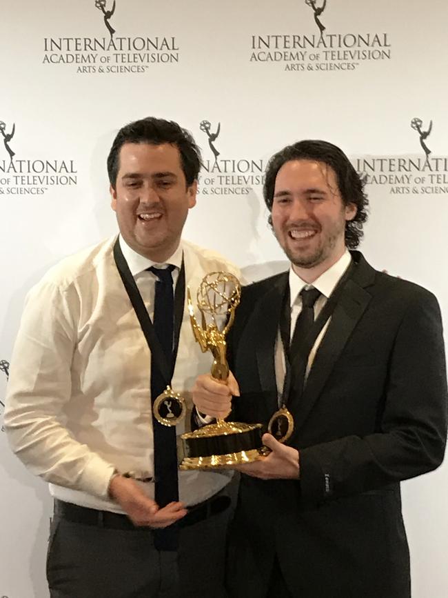 Daley Pearson and Benjamin Zaugg pictured with their 2017 Emmy for <i>Doodles</i>. Picture: Supplied