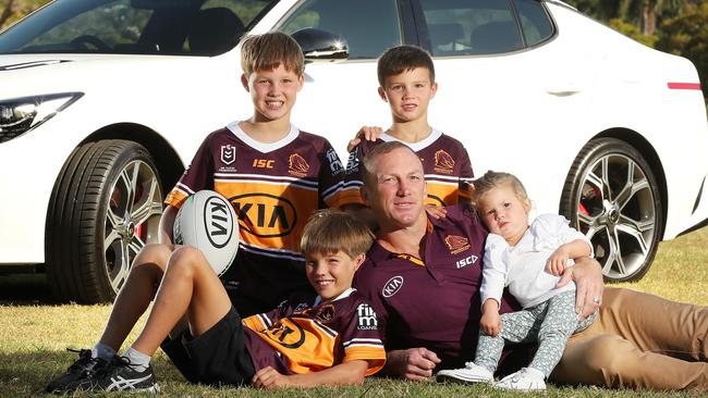 League legend, father of four Darren Lockyer with his sons Flynn, Sunny, Hugo, and daughter Cleo back in 2020. Photographer: Liam Kidston.