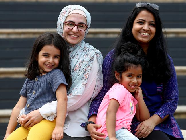 L-R: Media Abubakir with daughter Maryam Abdullah and Haimanti Mou with daughter Anayah Mahmoud. Picture: Toby Zerna