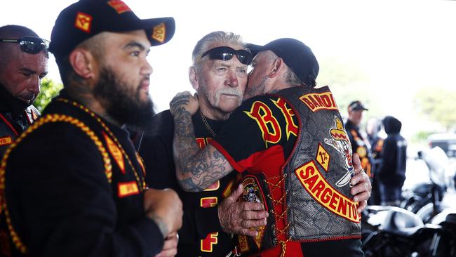 Old friends catch up at the Bandidos’ 2022 national gathering in Ballarat, like the can’t back home because of police pressure. Pictures: Sam Ruttyn