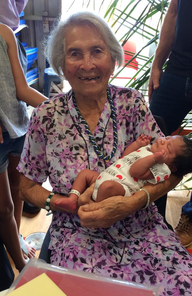 Nolear Ramsamy, pictured with her 48th great great grandchild born on her birthday. Loved ones are pushing for a Slade Point park to be renamed in her honour.