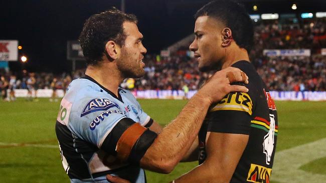 Dale Finucane and Stephen Crichton caught up after the game. Picture: Matt Blyth/Getty Images