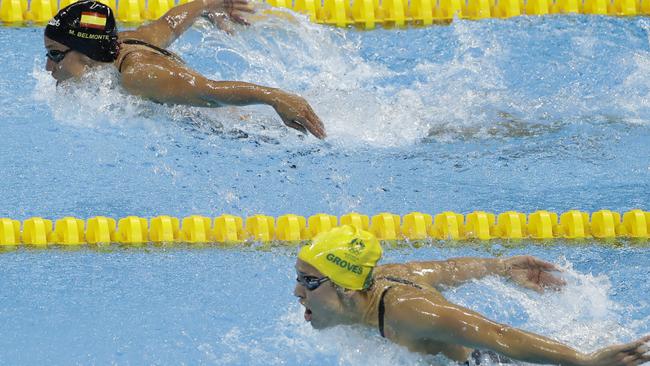 Spain's Mireia Belmonte Garcia just edges out Madeline Groves competes in the final of the women's 200-meter butterfly.