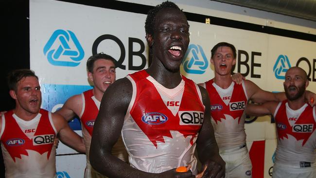 Aliir Aliir after playing in his first AFL win with the Swans. Picture: Getty Images