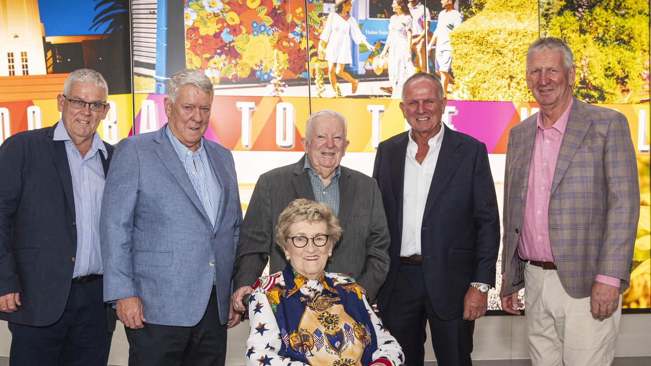 Celebrating the Wagner family's 35 years of business and a decade of Toowoomba Wellcamp Airport are (from left) Neill, John, Mary, Henry, Joe and Denis Wagner, Friday, November 8, 2024. Picture: Kevin Farmer