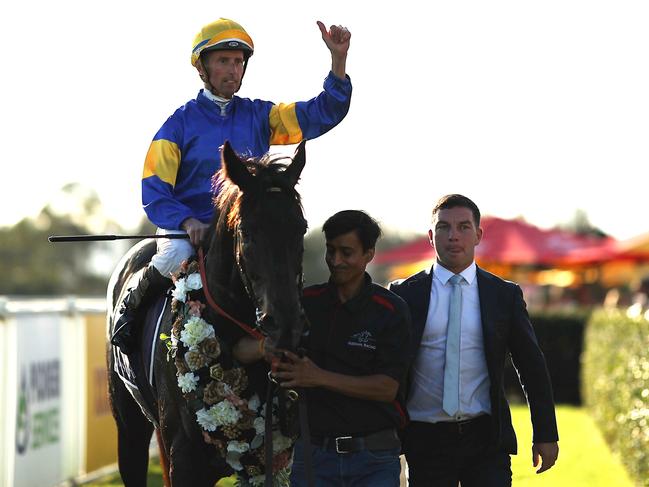 SYDNEY, AUSTRALIA - MAY 03: Nash Rawiller riding Punch Lane win Race 8 Richmond Club Hawkesbury Gold Cup 'Big Dance Eligibility during Metro Racing at Hawkesbury Race Club on May 03, 2025 in Sydney, Australia. (Photo by Jeremy Ng/Getty Images)
