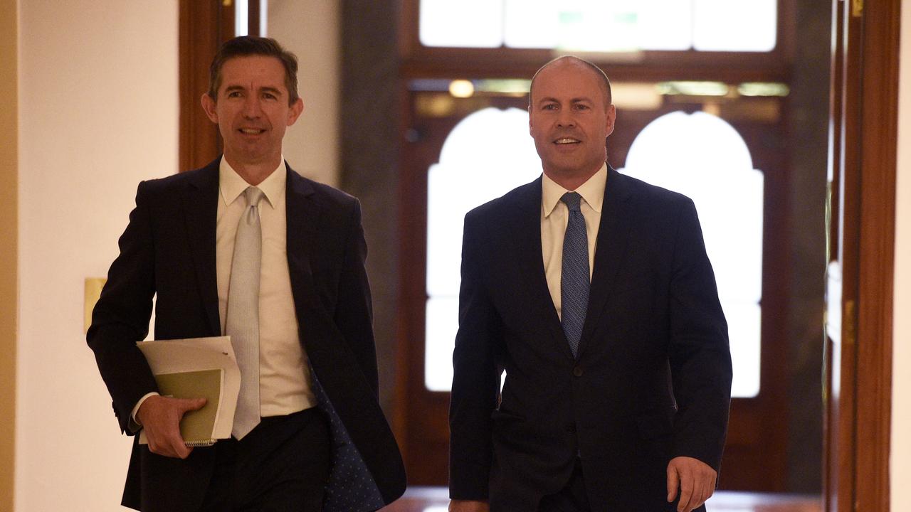 Outgoing Federal Treasurer Josh Frydenberg and Finance Minister Simon Birmingham. Picture: NCA NewsWire / Andrew Henshaw