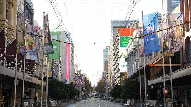 Melbourne’s CBD is quiet after the introduction of stage three restrictions. Picture: Quinn Rooney/Getty Images.