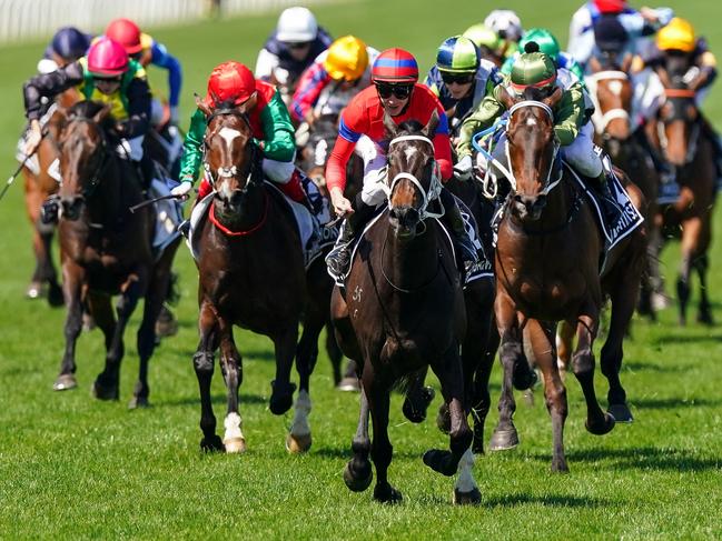 Verry Elleegant (NZ) ridden by James McDonald wins the Lexus Melbourne Cup at Flemington Racecourse on November 02, 2021 in Flemington, Australia. (Scott Barbour/Racing Photos via Getty Images)