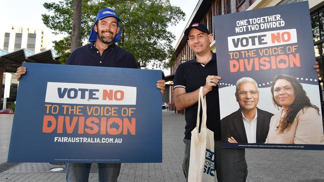 Dusty Bogan and Gerry Smith at the No campaign’s Brisbane event on Wednesday headlined by Jacinta Nampijinpa Price and Warren Mundine. Picture: NCA NewsWire / John Gass