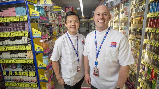 Chemist Warehouse Pharmacist manager James Kocharunchitt and Tasmania state manager Warren Lucas in the new store store at Rosny. Picture: Chris Kidd