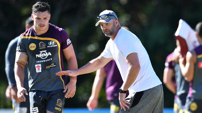 Ryan gives James Roberts some tips during training. (AAP Image/Darren England)