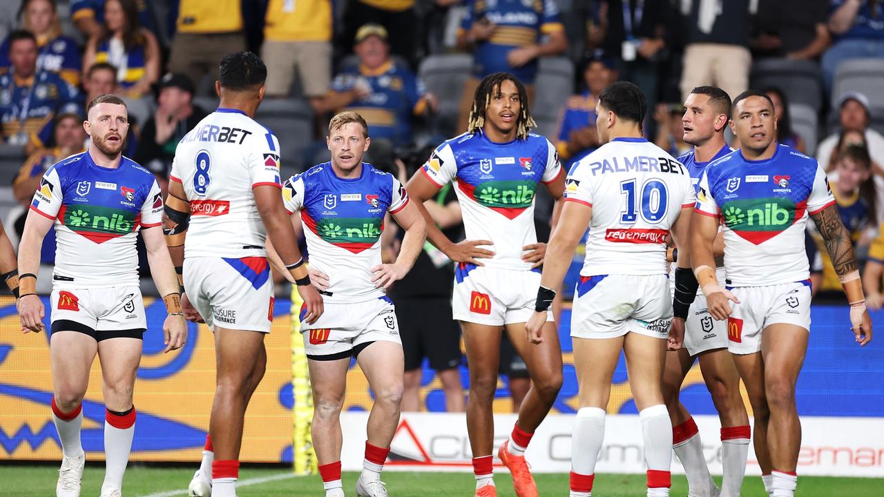 SYDNEY, AUSTRALIA - APRIL 28: The Knights look dejected after a try during the round nine NRL match between Parramatta Eels and Newcastle Knights at CommBank Stadium on April 28, 2023 in Sydney, Australia. (Photo by Mark Kolbe/Getty Images)