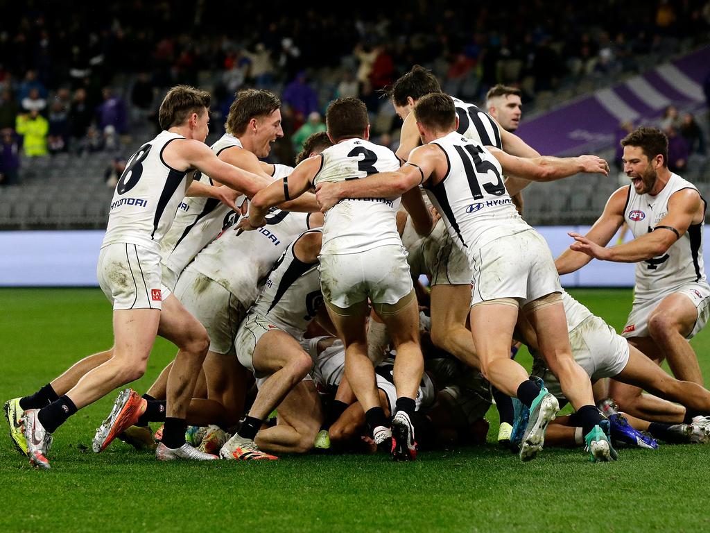 Carlton players celebrate Jack Newnes’ goal after the siren against Fremantle in 2020. Picture: Getty Images