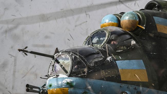 A Ukrainian Mi-24 helicopter gunship prepares to take off for a mission against Russian targets on Sunday. Picture: AFP