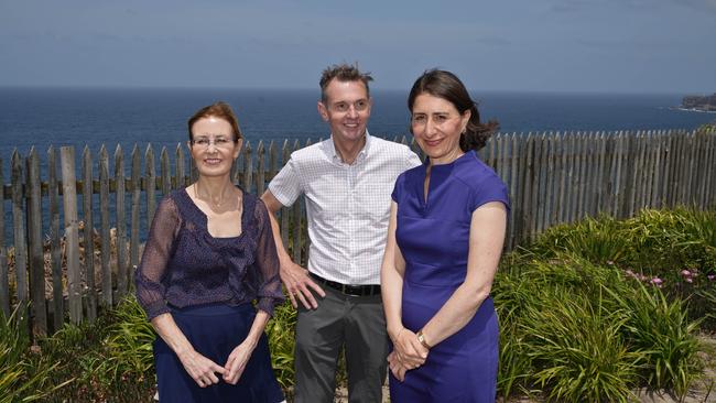 Minister for Environment Gabrielle Upton, Coogee MP Bruce Notley-Smith and Premier Gladys Berejiklian at Clarke Reserve on Sunday. Picture: AAP