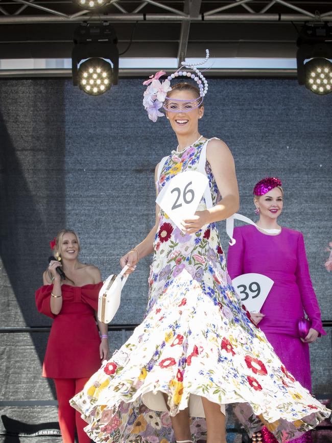 Fashions on the Field at the Hobart Cup, best dressed lady winner Ashley Meaburn. Picture: Chris Kidd