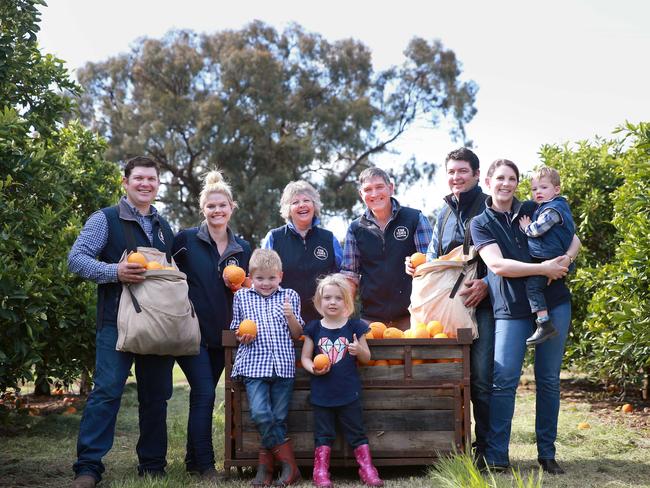 for Farm: Brothers Lynton and Ronan Fisher with thier wives, Mel and Aimee, children, Jack, 2, Campbell, 7 and Tayce, 6 and parents Lex and Glenda run Kingfisher Citrus, a third generation orange farm Picture: ANDY ROGERS