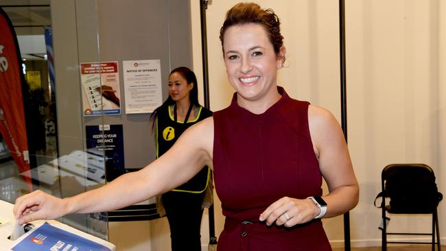 Opposition Leader Lia Finocchiaro casts her ballot for the 2020 Territory Election at Gateway Palmerston. Picture Katrina Bridgeford.