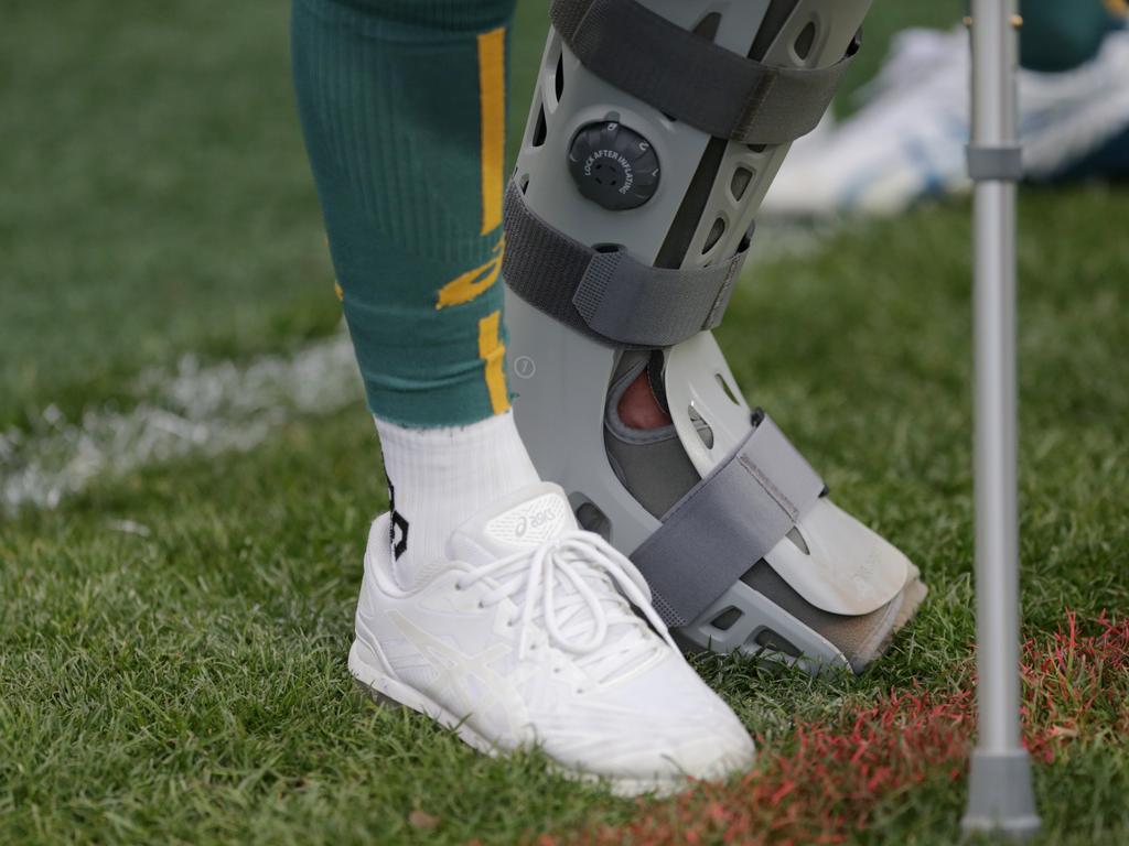 Quade Cooper was put in a moon boot after rupturing his achilles tendon in August. Picture: Daniel Jayo/Getty Images