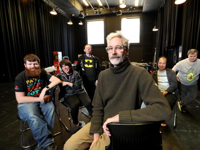 19/09/2019  Back to Back theatre's Artisitic Director Bruce Godwin with cast members at their Geelong rehearsal studio.The company's new production is set to open in Sydney on Sept 25.Picture : David Geraghty , The Australian.