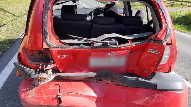 A Logan mum, her son and their dog escaped from a crumpled car yesterday. Picture: Facebook.