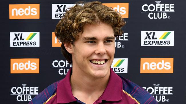 Deven Robertson speaks to the media. Picture: Bradley Kanaris/Getty Images