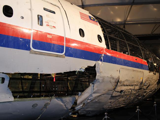 Partially reconstructed Malaysia Airlines plane that was downed by a missile over Ukraine. Picture: AAP