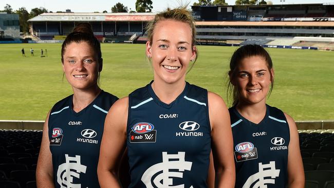 Carlton AFLW captain Lauren Arnell with her two vice-captains Brianna Davey and Madeleine Keryk. Picture: David Smith