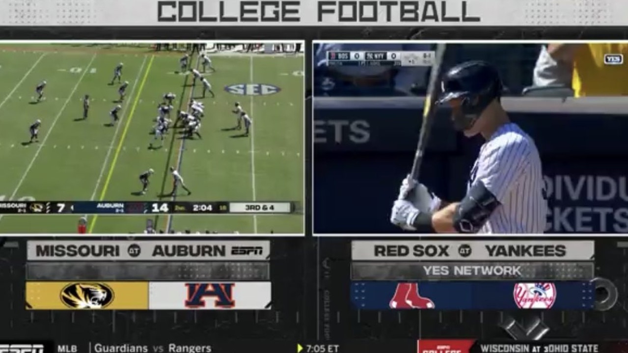A split-screen of a college football game and Aaron Judge's attempt to hit a home run.