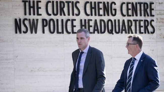 Organised Crime Squad boss Peter Faux and Drug &amp; Firearms Squad commander John Watson outside NSW Police Headquarters in Parramatta. Picture: Brendan Read