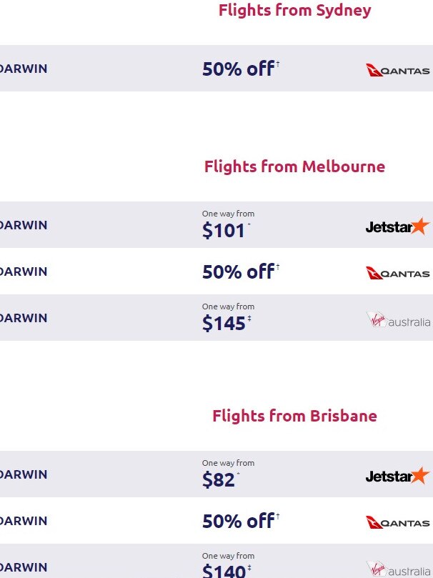 The NT Tourism website lists only QANTAS flights as half-price. Picture: NothernTerritory.com.au