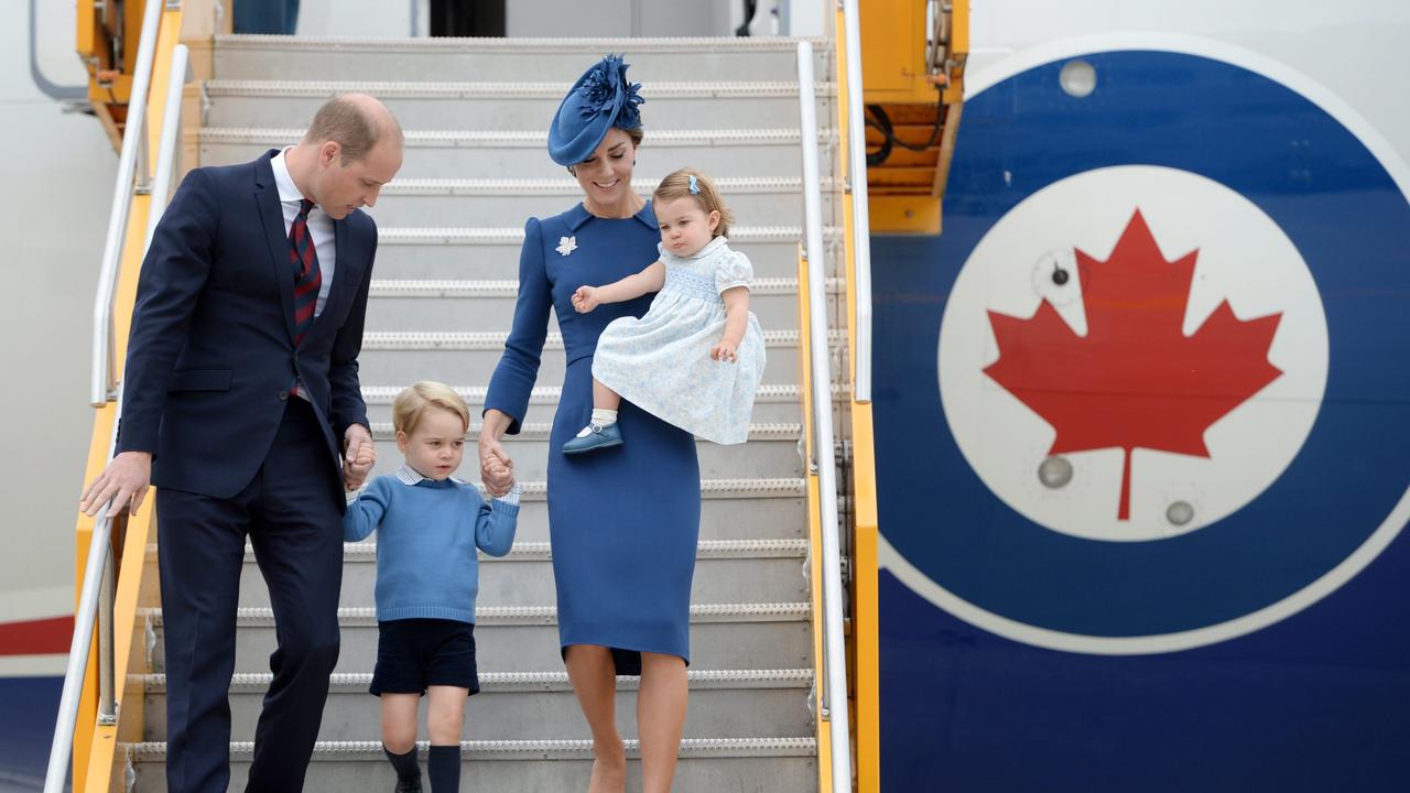 William and Kate, the Duke and Duchess of Cambridge, with Prince George and Princess Charlotte arriving in Victoria, British Columbia, in 2016. Picture: Jonathan Hayward/The Canadian Press via AP