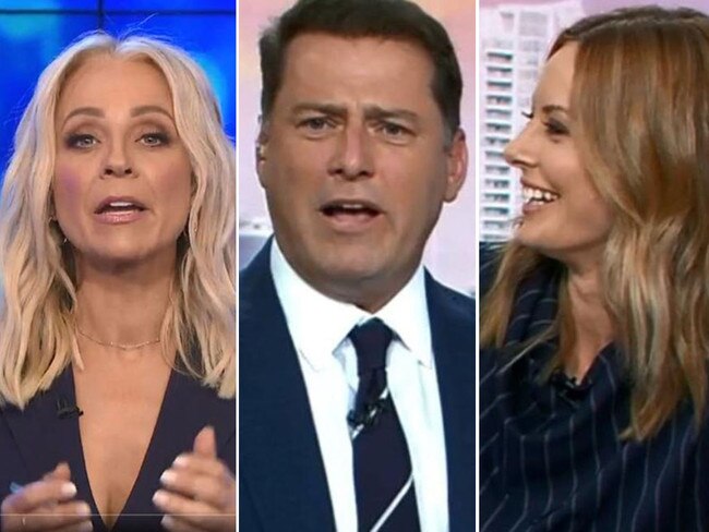 Carrie Bickmore's, left, announcement she is leaving Channel 10's The Project has sparked speculation about the Channel 9 Today show line-up of Karl Stefanovic, centre, and Ally Langdon. Pictures: Supplied