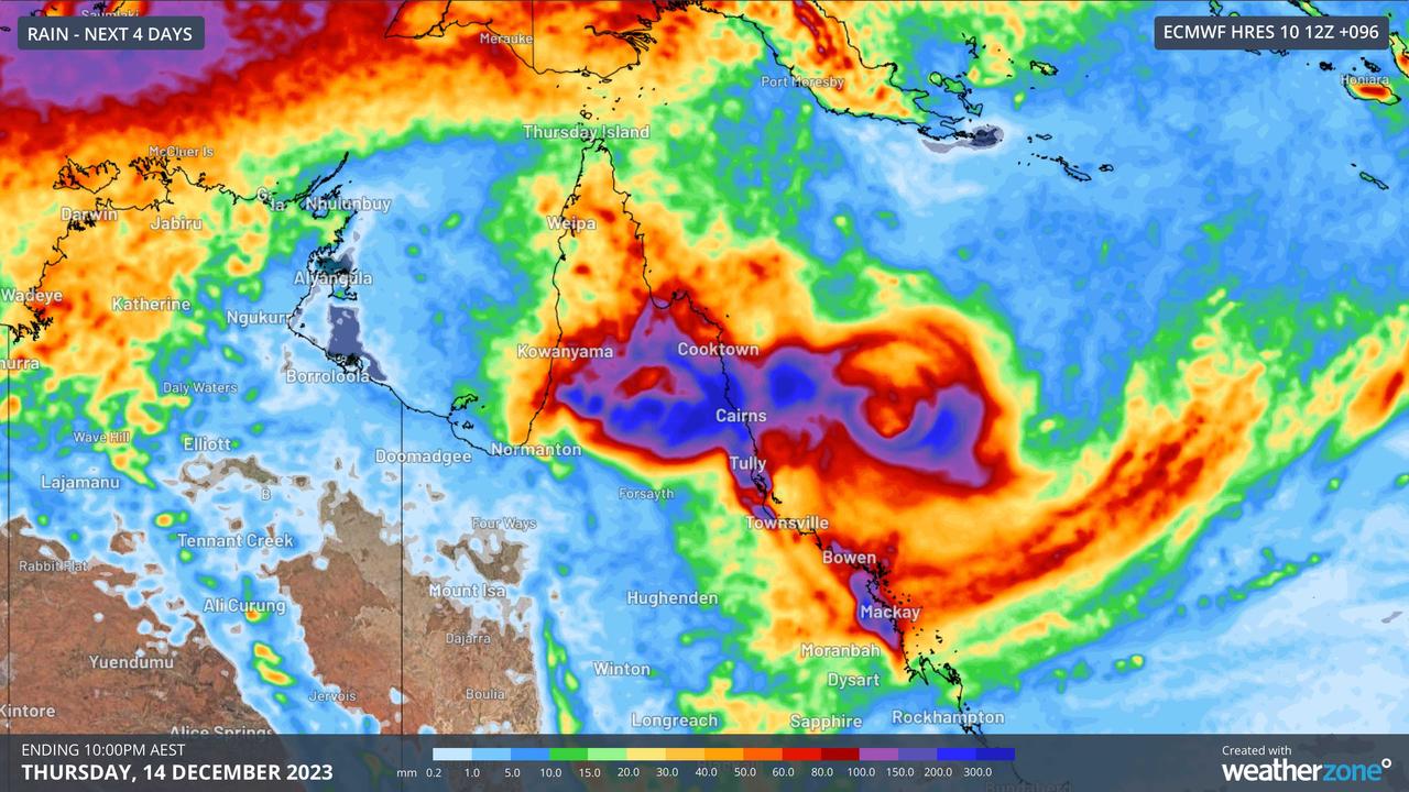 Tropical Cyclone Jasper is due to make landfall early on Wednesday. Picture: WeatherZone