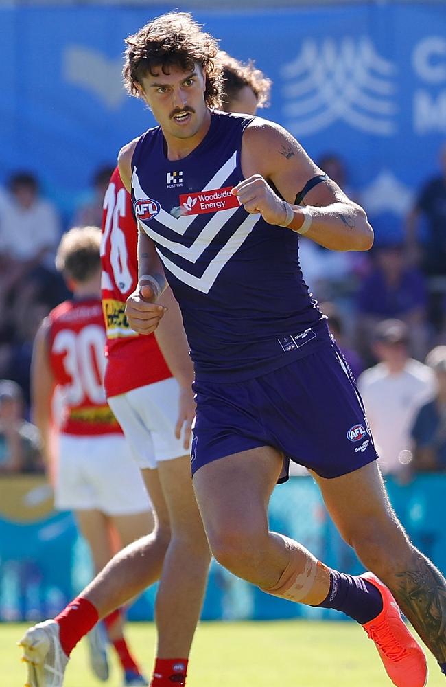 Luke Jackson celebrates kicking a goal against Melbourne. Picture: James Worsfold/AFL Photos/via Getty Images.