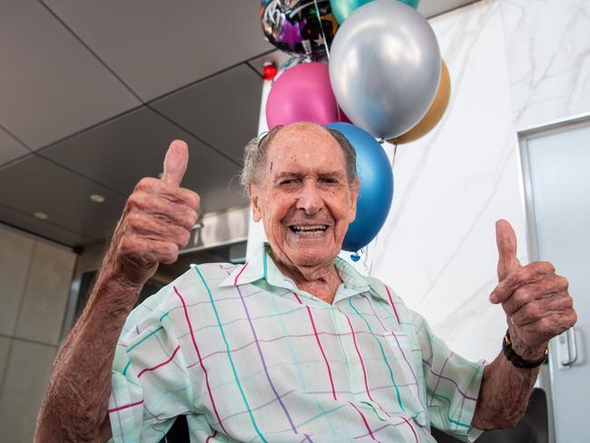 Ron Charles celebrating his 100th birthday at Vault Cafe, Darwin. Picture: Pema Tamang Pakhrin